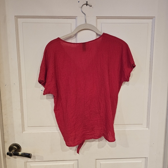 Red tie front button down shirt sleeve blouse top - Picture 3 of 3